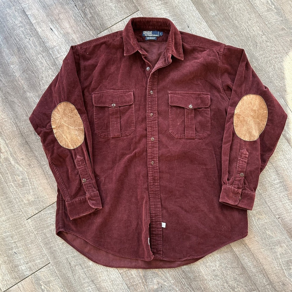 Vintage Polo Ralph Lauren Corduroy Shirt Large Red Suede Elbow Patch Hunting